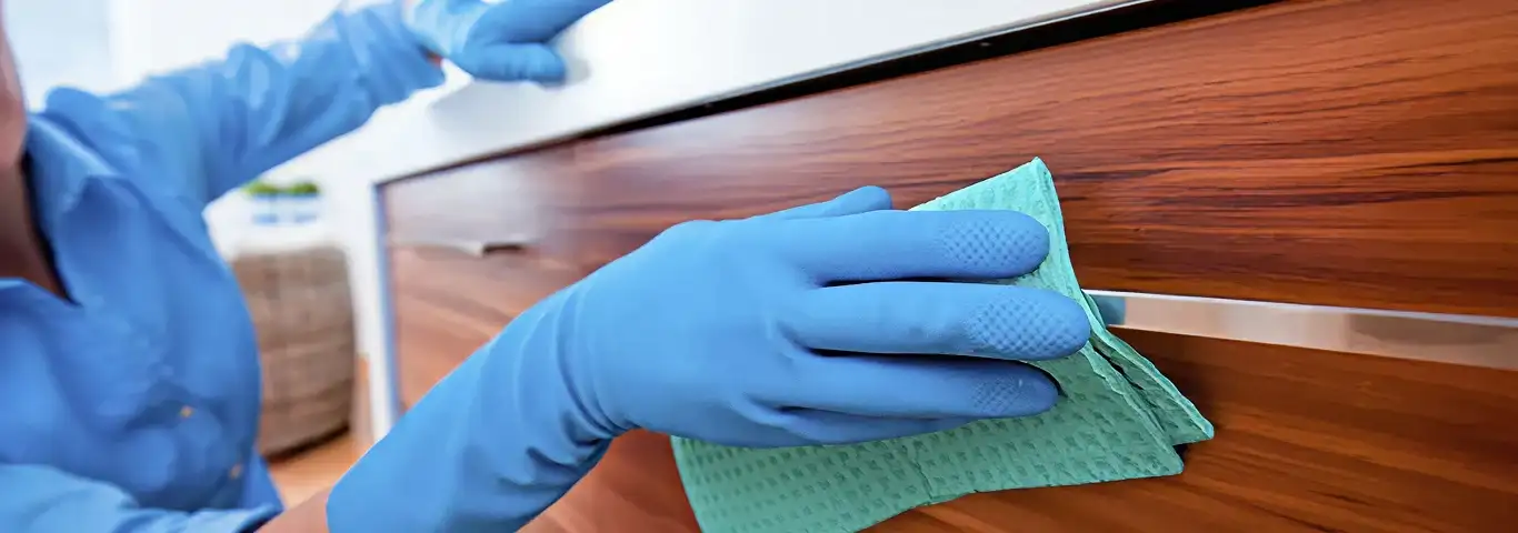 Cleaner wearing blue gloves wiping a wooden cabinet drawer with a microfiber cloth for dust and grime removal, Duluth, MN.