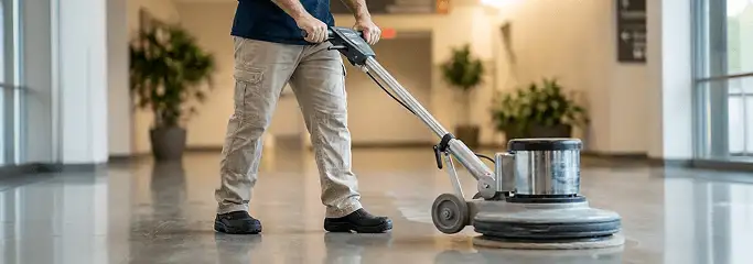 Professional technician using an industrial floor buffer to polish and maintain shiny commercial flooring in a corporate hallway in Duluth, MN.