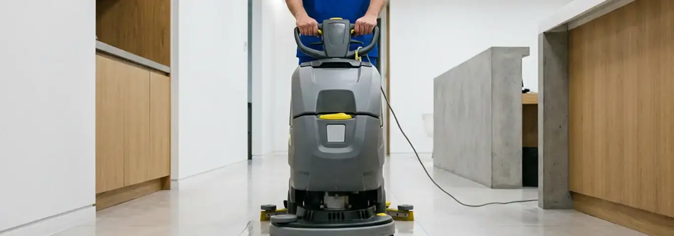 Janitorial staff using a floor scrubber machine to clean a commercial hallway, Duluth, MN.