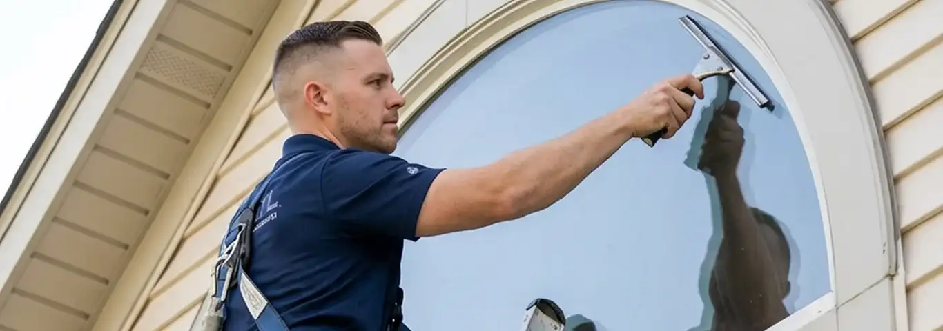 Professional window cleaner using a squeegee to clean an exterior arched window on a home, Duluth, MN.
