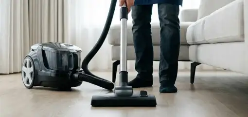 Professional house cleaner vacuuming a living room floor with a canister vacuum cleaner, Duluth, MN.