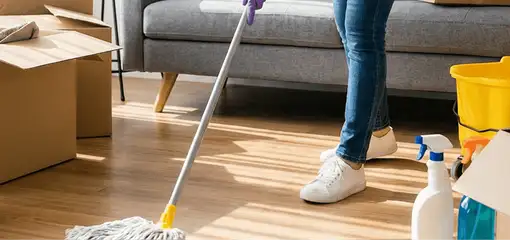 Move-out cleaning setup with a cleaner mopping hardwood floors near moving boxes and cleaning supplies, Duluth, MN.