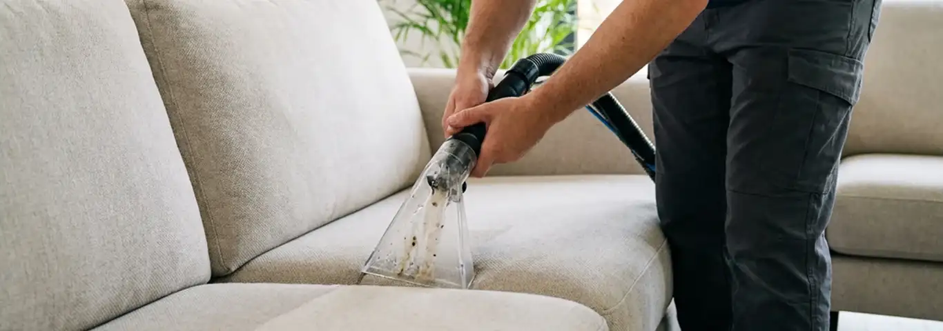 Technician extracting dirt and moisture from a fabric sofa with an upholstery cleaning wand, Duluth, MN.