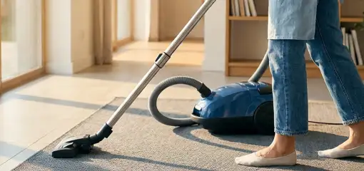 Person vacuuming a living room rug with a canister vacuum cleaner near large windows, Duluth, MN.